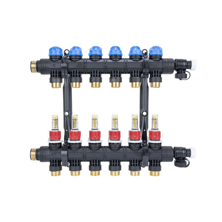 Rozdzielacz do ogrzewania podłogowego AFRISO ProCalida EF1 K 6-obieg. poliamid GZ 1'' x euroconus 3/4'' + przepływomierz + zawór napełn/spust