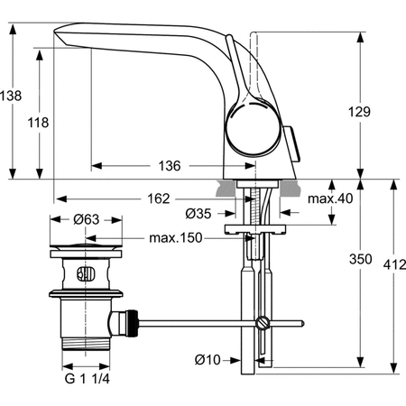 Bateria umywalkowa 93x201x138 mm, wylewka 136 mm 12 l/min (3 bary), z korkiem spustowym - MELANGE