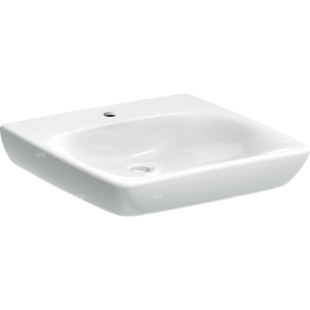 Umywalka GEBERIT Selnova Comfort prostokątna, biała, 600mm, otwór na baterię na środku, bez odpływu przelewowego, półka od ściany