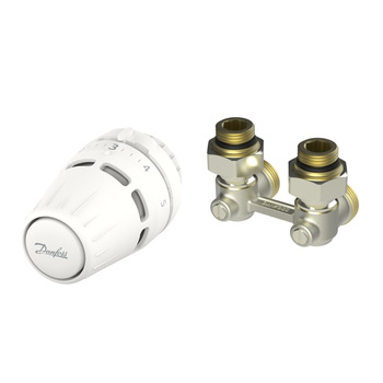 Zestaw termostatyczny prosty składający się z cieczowej głowicy Regus™ RA oraz zaworu RLV-KB do grzejników dolnozasilanych.