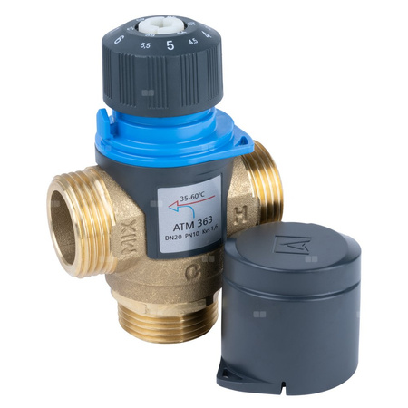 Zawór regulacyjny termostatyczny do wody ciepłej AFRISO ATM 363 ze śrubunkami mosiądz GZ 1'', DN 20, zakres temp. 35-60'C, Kvs 1.6 m3/h, maksymalna temperatura 90'C, maksymane ciśnienie 10 bar