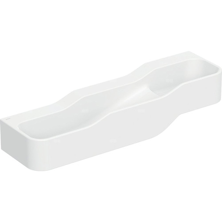 Umywalka GEBERIT Bambini 3-stanowiskowa prostokątna (rynna, bez elementów dekoracyjnych), biała, 1400mm, bez otworu na baterię, bez odpływu przelewowego, półka od ściany