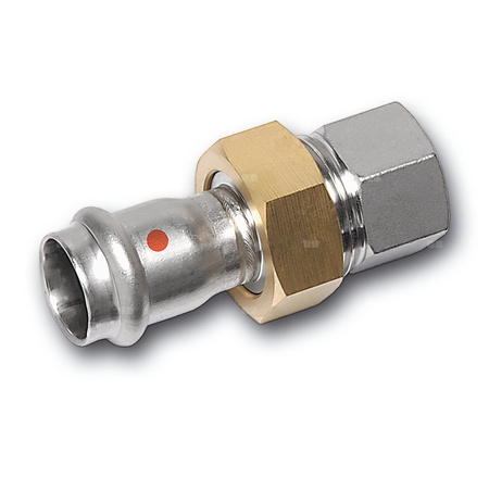 Śrubunek SANHA NiroTherm Press z uszczelką i nakrętką z mosiądzu trzyczęściowy, stal nierdzewna, 15 mm x 1/2'' (zw x GW)