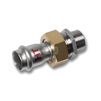 Śrubunek SANHA NiroSan Press Industry z uszczelką i nakrętką z mosiądzu trzyczęściowy, stal nierdzewna, 18 mm x 1/2'' (zw x GZ)