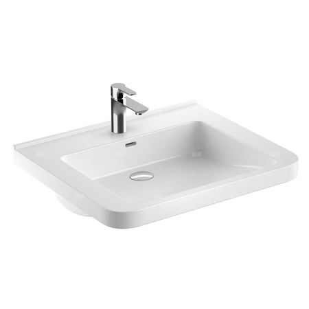 Umywalka GEBERIT Selnova Comfort prostokątna, biała, 650mm, otwór na baterię na środku, z odpływem przelewowym, półka od ściany