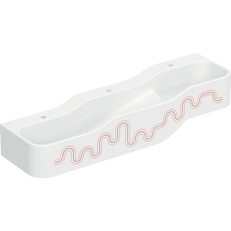 Umywalka GEBERIT Bambini 3-stanowiskowa prostokątna (rynna, elementy dekoracyjne), biała, 1400mm, otwór na baterię na środku (x3), bez odpływu przelewowego, półka od ściany