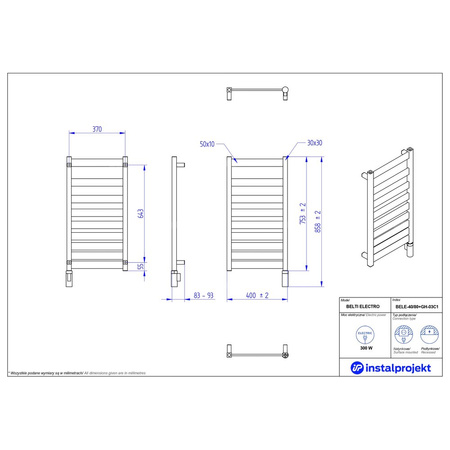 Grzejnik elektryczny (suszarka) INSTAL-PROJEKT BELTI ELECTRO, wym. 753 (858 z grzałką)/400 mm, kolor czarny, moc 300 W