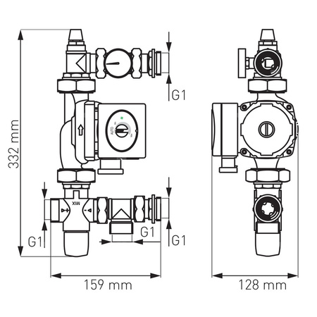 Grupa mieszająca do rozdzielacza 1" z zaworem termostatycznym 3-drogowym, dla pompy 130 mm