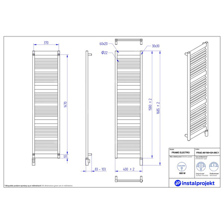 Grzejnik elektryczny (suszarka) INSTAL-PROJEKT Frame Electro, wym. 1580 (1685 z grzałką)/400 mm, kolor czarny,  moc 600 W