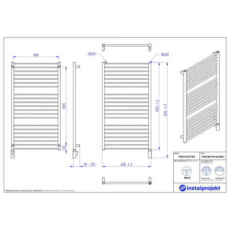 Grzejnik elektryczny (suszarka) INSTAL-PROJEKT Piko Electro, wym. 1129 (1234 z grzałką)/630 mm, kolor czarny mat, moc 600 W