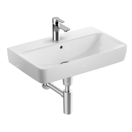 Umywalka GEBERIT Selnova Compact prostokątna, biała, 650mm, otwór na baterię na środku, z odpływem przelewowym, półka od ściany