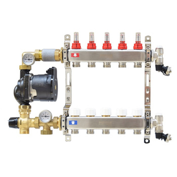 Rozdzielacz ze stali nierdzewnej do ogrzewania podłogowego CS-Rot05 9F, z grupą mieszająco-pompową, z pompą DAB Evosta2 65/130