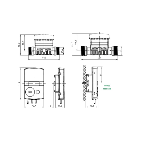 Ciepłomierz T230 qp 0,6 m3/h, redukcja 1/2"/M10, śrubunek 1/2" - zasilanie