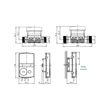 Ciepłomierz T230 qp 2,5 m3/h, M-Bus redukcja 1/2"/M10, śrubunek 3/4" - powrót