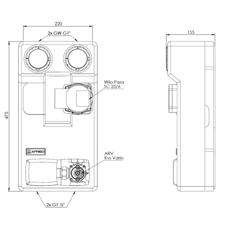 Grupa pompowa AFRISO PrimoTherm 180-2 DN 25 WP 3-WM Vario GZ x GW 1 1/2'' x 1'', z zaworem mieszającym, z izolacją, z pompą obiegową