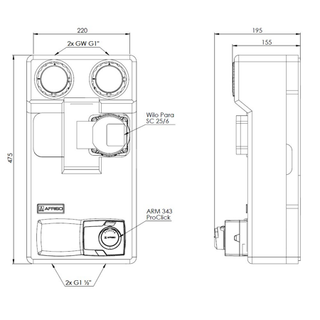 Grupa pompowa AFRISO PrimoTherm 180-2 DN25 WP 3-WM-SM Vario GZ x GW 1 1/2'' x 1'', z zaworem mieszającym, z izolacją, z pompą obiegową, z siłownikiem arm 343 proclick