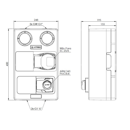 Grupa pompowa AFRISO PrimoTherm K 180-2 DN 25 WP 3-WM-SM GZ x GW 1 1/2'' x 1'', z zaworem mieszającym, z izolacją, z pompą obiegową, z siłownikiem arm 343 proclick