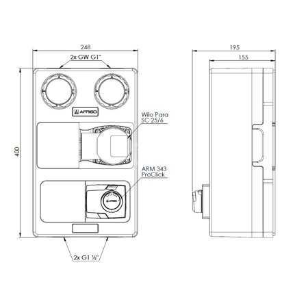Grupa pompowa AFRISO PrimoTherm K 180-2 DN25 WP 3-WM-SM GZ x GW 1 1/2'' x 1'', z zaworem mieszającym, z izolacją, z pompą obiegową, z siłownikiem arm 343 proclick