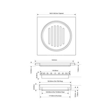 Kratka podłogowa wykonana ze stali nierdzewnej 150x150mm