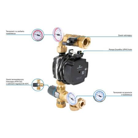 Moduł mieszający BTU 501 do ogrzewania podłogowego z zaworem ATM, pompa Grundfos UPM3 Auto