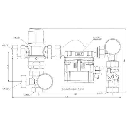 Moduł mieszający BTU 502 do ogrzewania podłogowego z zaworem ATM 761, pompa Grundfos UPM3 AUTO
