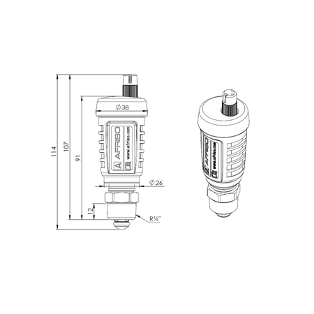 Odpowietrznik automatyczny pionowy, hybrydowy PrimoVent G3/8'' z Aquastop i zaworem stopowym, R1/2"