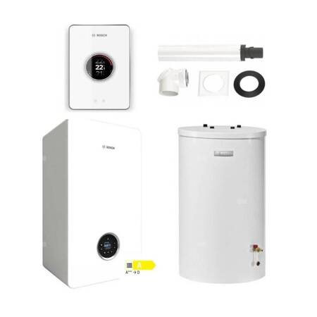 Pakiet - Kocioł gazowy jednofunkcyjny BOSCH TERMOTECHNIKA CONDENS GC5700iW15P kondensacyjny wiszący 16,1 kW+ Zestaw powietrzno-spalinowy 2574 (poziomy) + Czujnik c.w.u. + Regulator CT200 (biały) + Zasobnik c.w.u WST120-5O