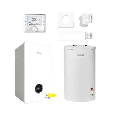 Pakiet - Kocioł gazowy jednofunkcyjny BOSCH TERMOTECHNIKA CONDENS GC5700iW15P kondensacyjny wiszący 16,1 kW+ Zestaw powietrzno-spalinowy 2581 (do szachtu) + Czujnik c.w.u. + Regulator CW400 + Zasobnik c.w.u WST120-5O