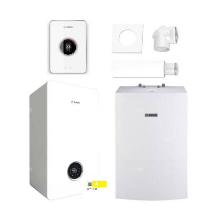 Pakiet - Kocioł gazowy jednofunkcyjny BOSCH TERMOTECHNIKA CONDENS GC5700iW24P kondensacyjny wiszący 25,2 kW+ Zestaw powietrzno-spalinowy 2581 (do szachtu) + Czujnik c.w.u. + Regulator CT200 (biały) + Zasobnik c.w.u WD160B