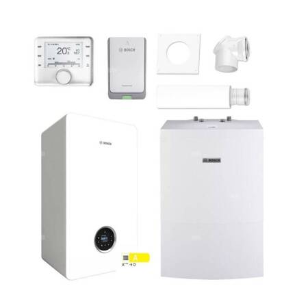 Pakiet - Kocioł gazowy jednofunkcyjny BOSCH TERMOTECHNIKA CONDENS GC5700iW24P kondensacyjny wiszący 25,2 kW+ Zestaw powietrzno-spalinowy 2581 (do szachtu) + Czujnik c.w.u. + Regulator CW400 + Moduł sterowania K30RF + Zasobnik c.w.u WD160B