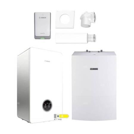 Pakiet - Kocioł gazowy jednofunkcyjny BOSCH TERMOTECHNIKA CONDENS GC7800iW20P kondensacyjny wiszący 20,3 kW+ Zestaw powietrzno-spalinowy 2581 (do szachtu) + Czujnik c.w.u. + Moduł sterowania K30RF + Zasobnik c.w.u WD160B