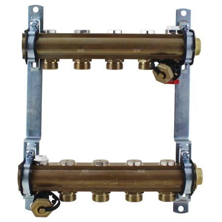 Rozdzielacz do ogrzewania podłogowego HERZ 10-obieg. mosiądz GW 1'' x GZ 3/4'' + zawór napełn/spust + odpowietrznik