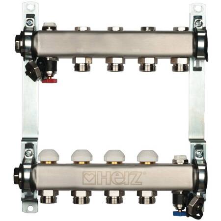 Rozdzielacz do ogrzewania podłogowego HERZ 10-obieg. stal nierdzewna GW 1'' x GZ 3/4'' + zawór napełn/spust + odpowietrznik