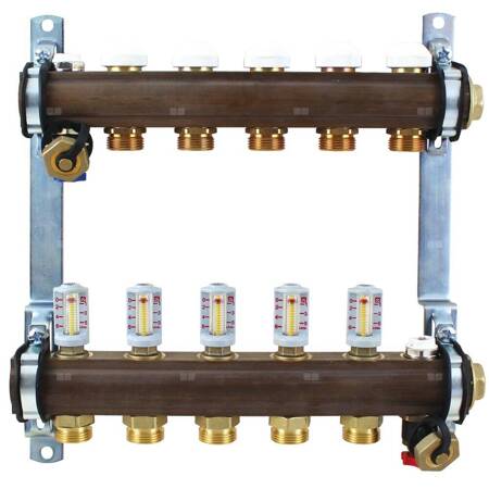 Rozdzielacz do ogrzewania podłogowego HERZ 15-obieg. GW 1'' x GZ 3/4'' + przepływomierz + zawór napełn/spust + odpowietrznik