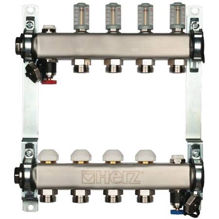 Rozdzielacz do ogrzewania podłogowego HERZ 5-obieg. stal nierdzewna GW 1'' x GZ 3/4'' + przepływomierz + zawór napełn/spust + odpowietrznik