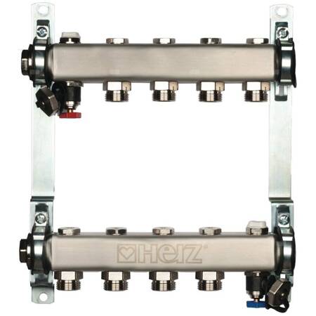 Rozdzielacz do ogrzewania podłogowego HERZ 5-obieg. stal nierdzewna GW 1'' x GZ 3/4'' + zawór napełn/spust + odpowietrznik