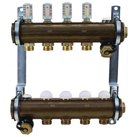 Rozdzielacz do ogrzewania podłogowego HERZ 6-obieg. mosiądz GW 1'' x GZ 3/4'' + przepływomierz + zawór napełn/spust + odpowietrznik