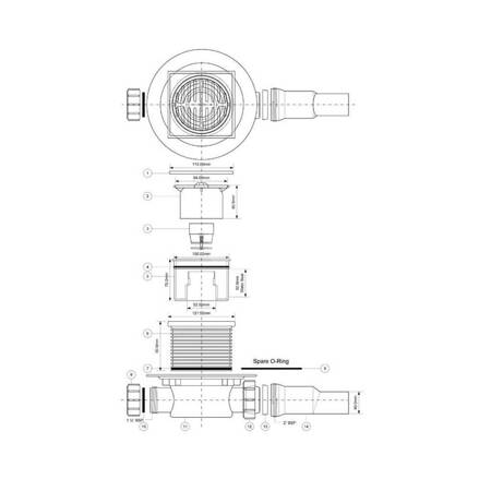 Wpust podłogowy wykonany z ABS z odpływem 40/50mm, czyszczony od góry z zaworem, kratka ze stali nierdzewnej115x115mm