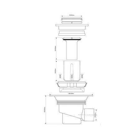 Wpust podłogowy wykonany z ABS z odpływem 50mm, czyszczony od góry z kratką ze stali nierdzewnej 150x150mm