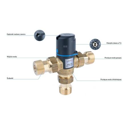 Zawór regulacyjny termostatyczny do wody ciepłej AFRISO ATM 563 ze śrubunkami mosiądz GZ 1'', DN 20, zakres temp. 35-60'C, Kvs 2.5 m3/h, maksymalna temperatura 90'C, maksymane ciśnienie 10 bar